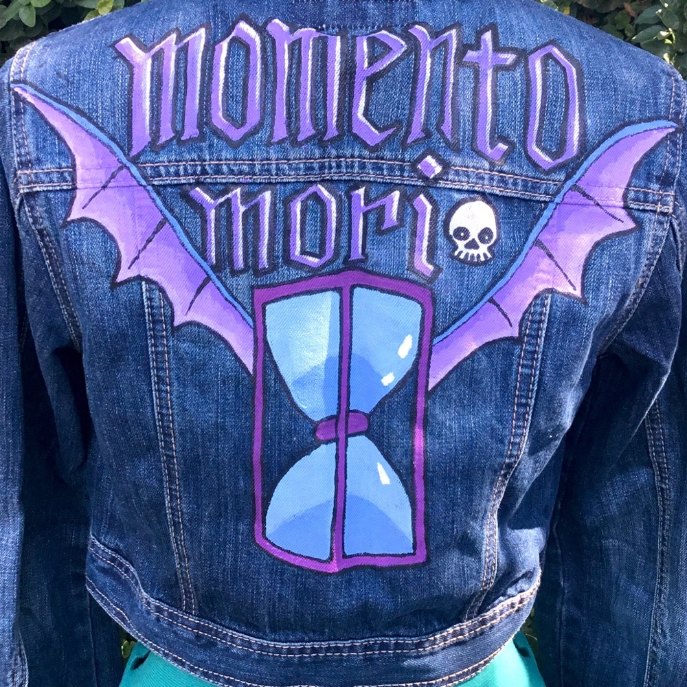 Momento Mori Winged Hourglass Hocus Pocus Cemetery Inspired Custom Jean Jacket - Picture 11 of 15
